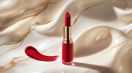 A Shiny Red Lipstick Tube with a Smooth Swatch of Color on a Luxurious Background
