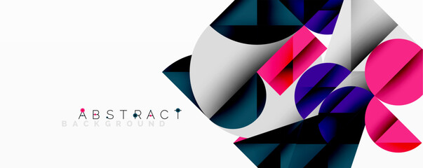 Modern abstract composition with layered circles and angular segments featuring gradients, transparency effects, and a structured geometric layout