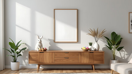 A modern Easter living room composition with a mock up poster frame as the focal point above a sleek wooden sideboard, styled with an Easter bunny ornament, a decorative bowl of colorful eggs