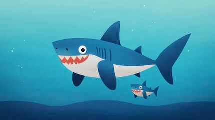 Fototapeta premium cartoon of a big shark and small shark swimming together in gradient blue ocean, playful children's illustration style