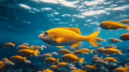 Naklejka premium Yellow Fish School Underwater.