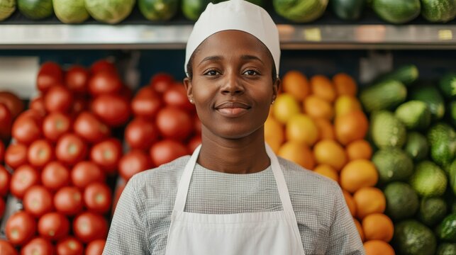 supermarket staff member standing confidently in front of produce section, surrounded by fresh fruits and vegetables