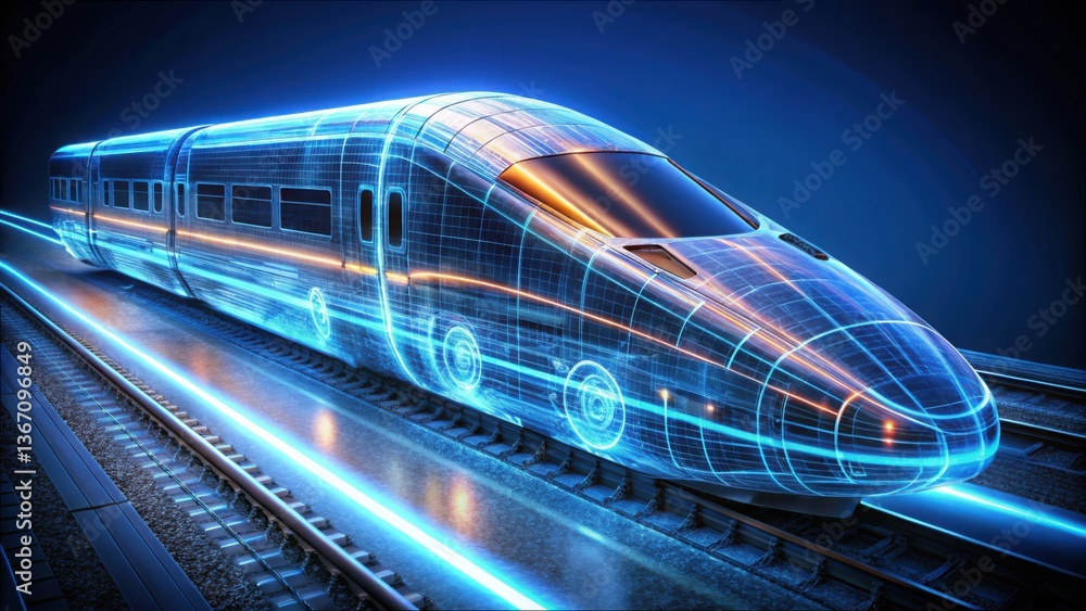 Poster futuristic glowing train model with high-speed engine design