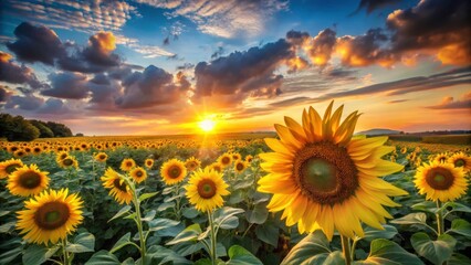 Fototapeta premium Vibrant Sunflower Field Under Dramatic Sunset with Clouds