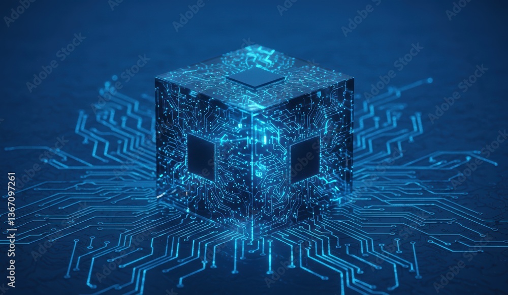 Poster 3d cube with circuit board patterns and blue light, highlighting digital technology, abstract concep
