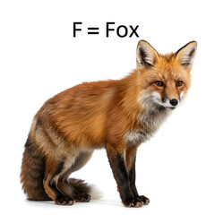 Fototapeta premium F for Fox: A shot of a Fox with black text 'F For Fox, perfect for early learning and alphabet activities. page for kids to enjoy., alphabet F
