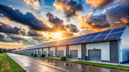 Obraz premium Industrial Warehouse Perspective with Sunset and Solar Panels
