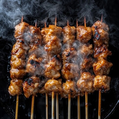 Smoky grilled skewers, meaty and glazed, sizzling on a hot pan