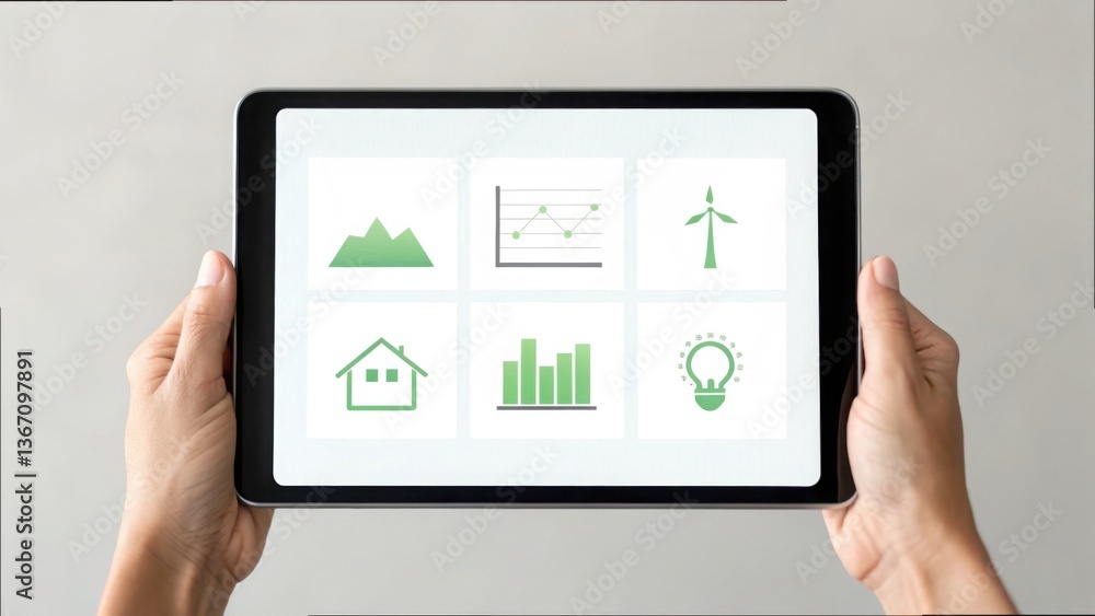 Poster modern tablet interface displaying clean energy solutions and data