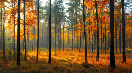 Fototapeta premium Autumnal Forest Pathway in Sunlight