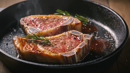 Sizzling rosemary-infused steaks in cast iron pan