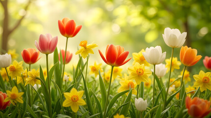Fototapeta premium Spring Meadow with Blooming Tulips and Daffodils in Warm Sunlight