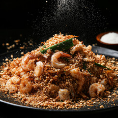 Shrimp and nut stir-fry, seasoned and served on a black plate