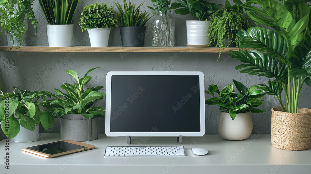 Poster modern workspace featuring sleek computer monitor and keyboard surrounded by lush green plants in st