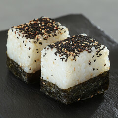Sesame-topped rice cakes, seaweed-wrapped