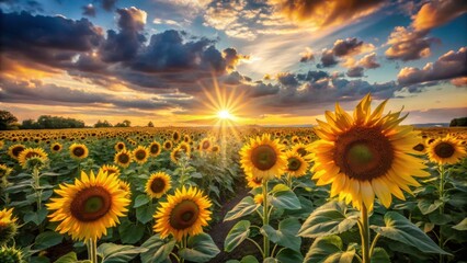 Obraz premium Dramatic Sunset Casting Shadows Over Fiery Sunflowers in Field