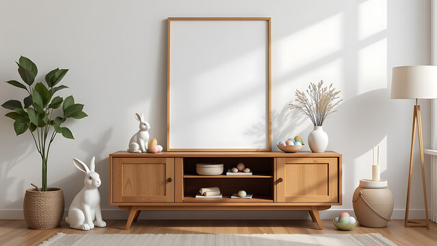 A beautifully arranged Easter themed living room interior with a wooden sideboard serving as the focal point. A blank poster frame leans against the wall, allowing for customization