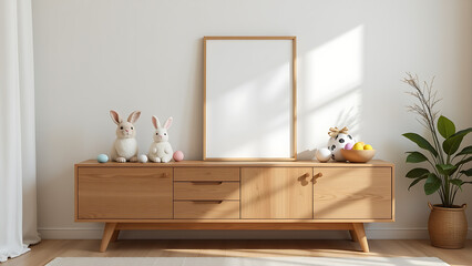 A warm and welcoming Easter inspired living room setup featuring a wooden sideboard with seasonal decorations
