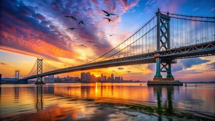 Fototapeta premium Spectacular Sunset Over Ben Franklin Bridge with Flying Birds