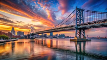 Fototapeta premium Beautiful Sunset Over Iconic Benjamin Franklin Bridge in Philadelphia