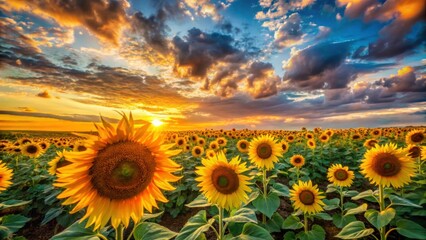 Fototapeta premium Golden Sunflowers in a Vibrant Field Under a Dramatic Sunset Sky