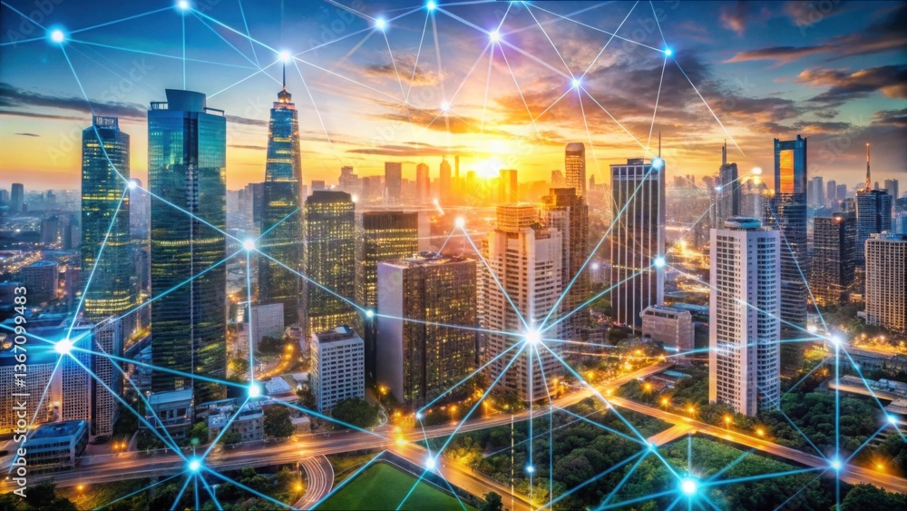 Aufkleber cityscape with transparent grid overlay and sunset visual in gigapixel