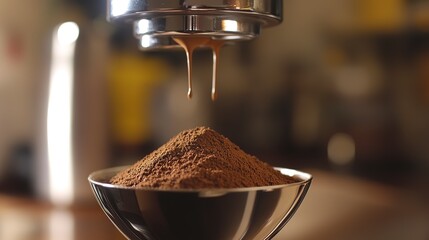 Rich, dark espresso pouring over finely ground coffee beans in a gleaming silver portafilter, creating a moment of perfect brewing.