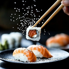 Salmon sushi piece lifted by chopsticks, sprinkled with seasoning, other sushi nearby