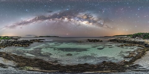 Fototapeta premium Serene Beach at Night with Galaxy View Under Starry Sky Landscape Panorama Tranquility