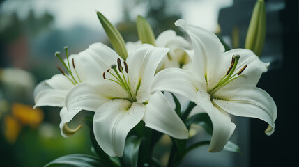 Fototapeta premium White lilies blooming at gravesite in soft light