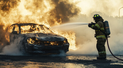 Firefighter extinguishing blazing car on fire with hose