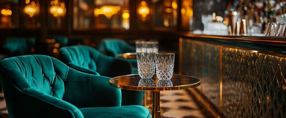 Luxury bar interior with emerald green velvet chairs and crystal glasses