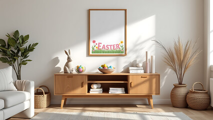 A cozy Easter living room interior featuring a mock up poster frame on the wall displaying cheerful spring themed artwork, adding a personalized touch