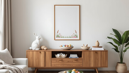 A cozy and inviting Easter living room interior featuring a mock up poster frame on the wall showcasing seasonal inspired art