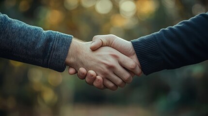 Close-Up of Handshake Between Two People in Casual Clothing Outdoors