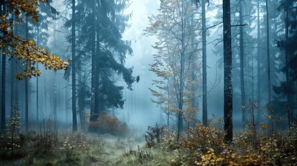 Fototapeta premium Mysterious Misty Forest in Autumn