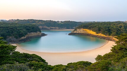 Serene Coastal Inlet with Lush Green Trees Framed by Calm Waters and Sandy Beach in Tranquil Light