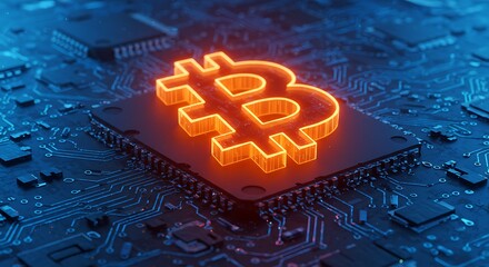 Glowing bitcoin symbol on a computer chip with blue circuit board pattern in the background design