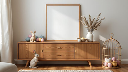 A cozy Easter living room interior featuring a wooden sideboard decorated with a blank mock up poster frame