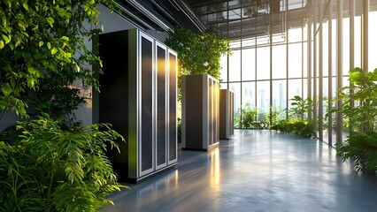A modern, eco-friendly data center with server racks surrounded by lush greenery and large windows letting in natural light. Concept Eco-Friendly Design, Natural Light Integration, Lush Greenery