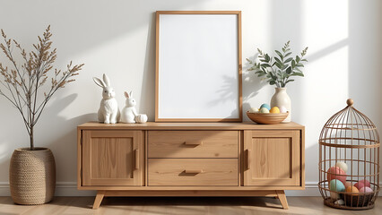 A stylish and inviting Easter themed interior composition featuring a wooden sideboard with seasonal decor
