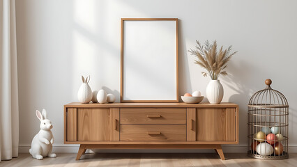 A stylish and inviting Easter themed interior composition featuring a wooden sideboard with seasonal decor