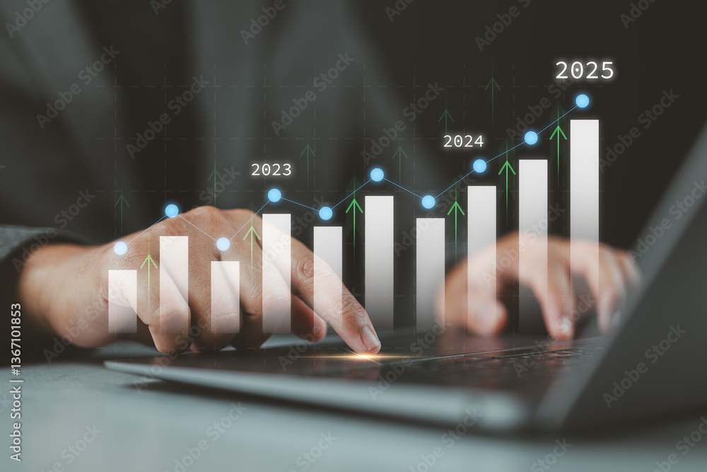 Poster business 2025 graphs statistics to analyze business potential concepts, businessman use laptop analy