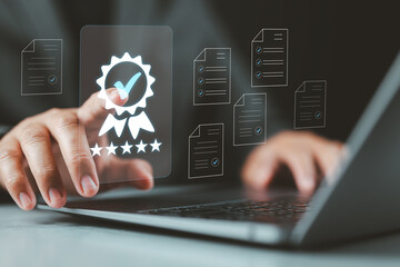 Standard quality document control, ISO certified Assessment with business concept, Businessman evaluation online survey exam choose the right answer in the exam international standard certification