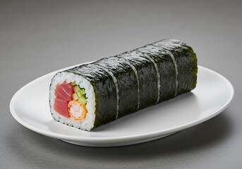 Macro Sushi Roll with Tuna Shrimp and Cucumber Served on Plate