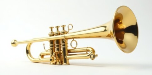 A polished brass trumpet against a clean white background, melody, music, valve