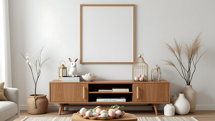 A serene Easter living room design featuring a mock up poster frame on the wall adding artistic flair to the decor