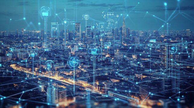 A futuristic AI powered energy grid balancing renewable power sources in a smart city, digital control hub, holographic energy distribution map