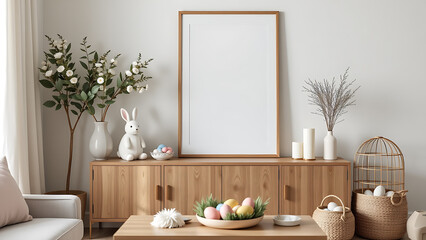 An elegant Easter living room composition with a mock up poster frame displaying cheerful illustrations, bringing a creative element to the space