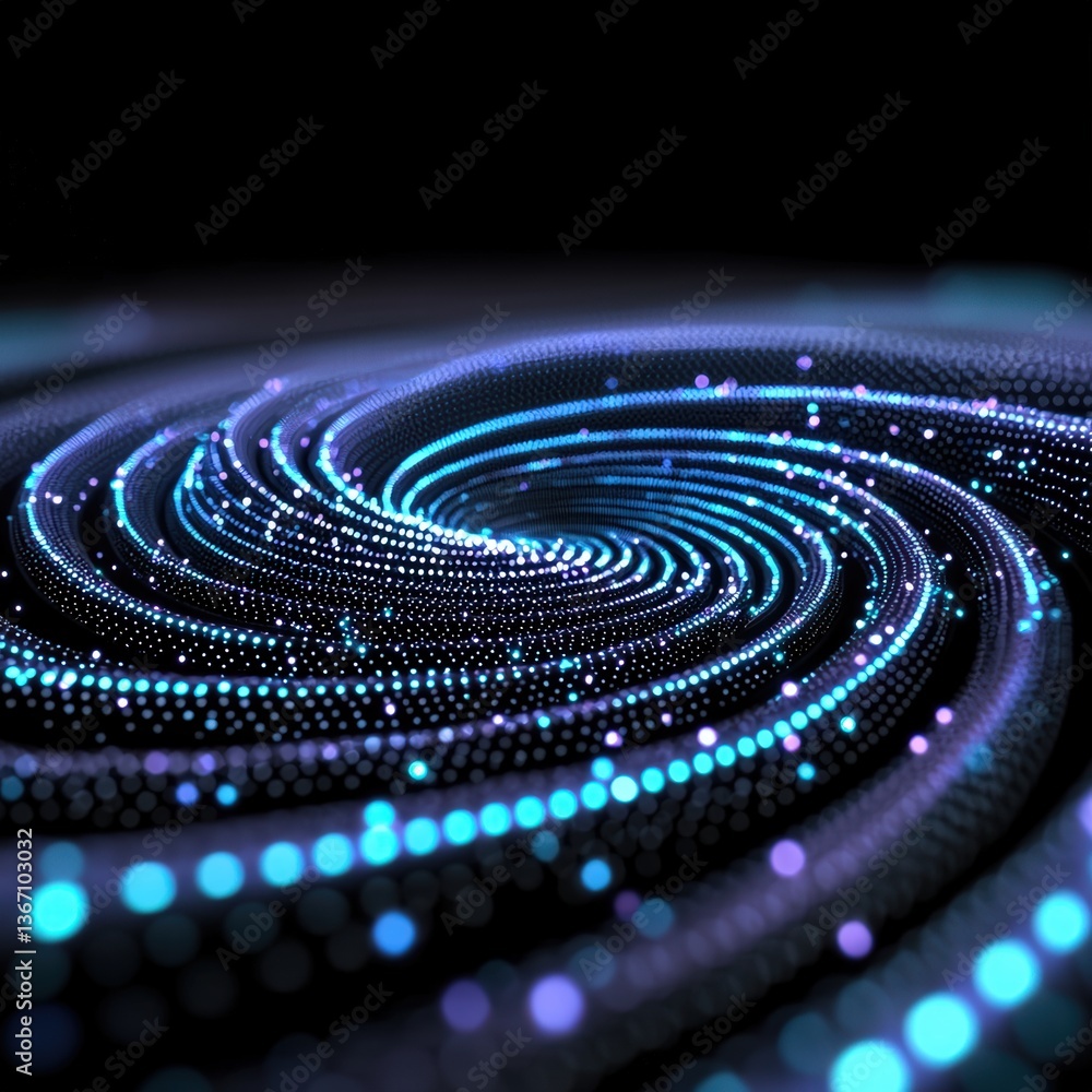 Poster artistic spiral display illuminated with soft blue lights creating a captivating visual experience